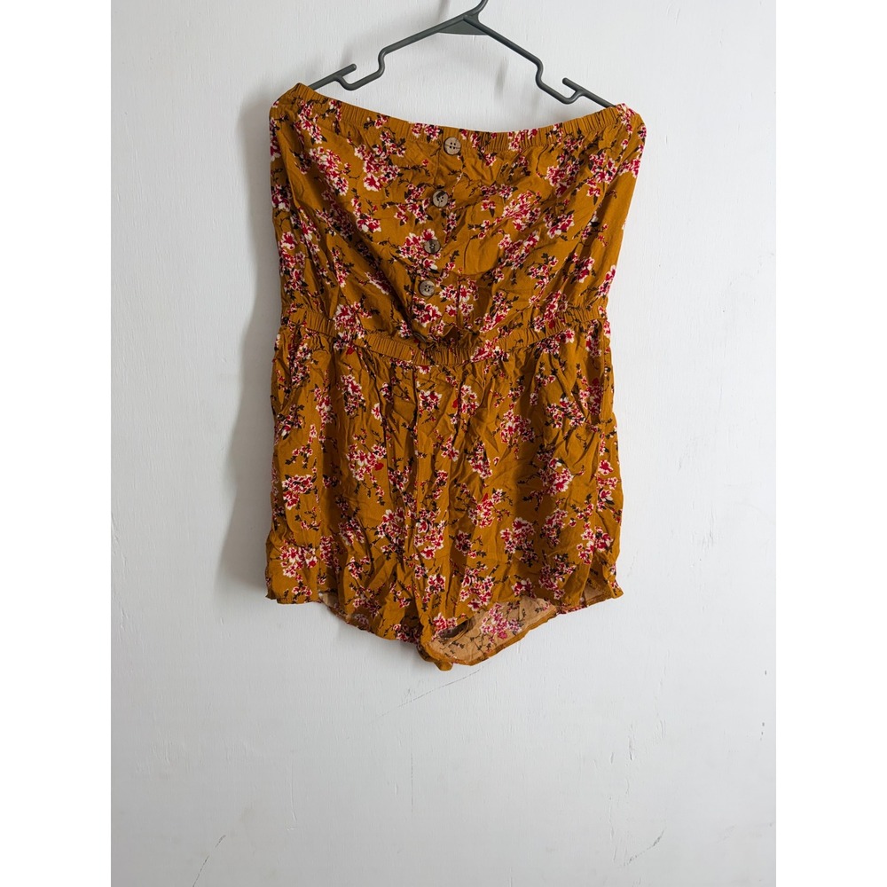 Toxik Women Mustard Yellow Floral Strapless Romper Button Front XL